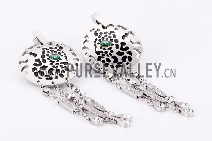 Cartier Replica Diamond Embellished Emerald-Eyed Cutwork Leopard Silver Hanging Earrings