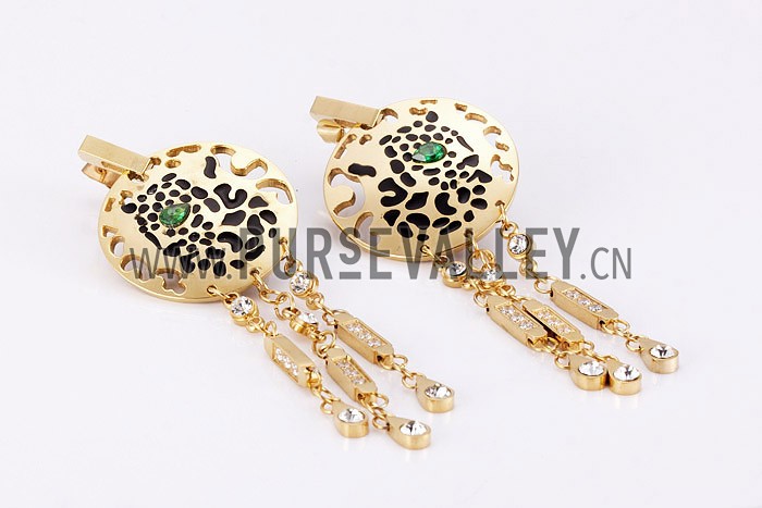 Cartier Replica Diamond Embellished Emerald-Eyed Cutwork Leopard Gold Hanging Earrings