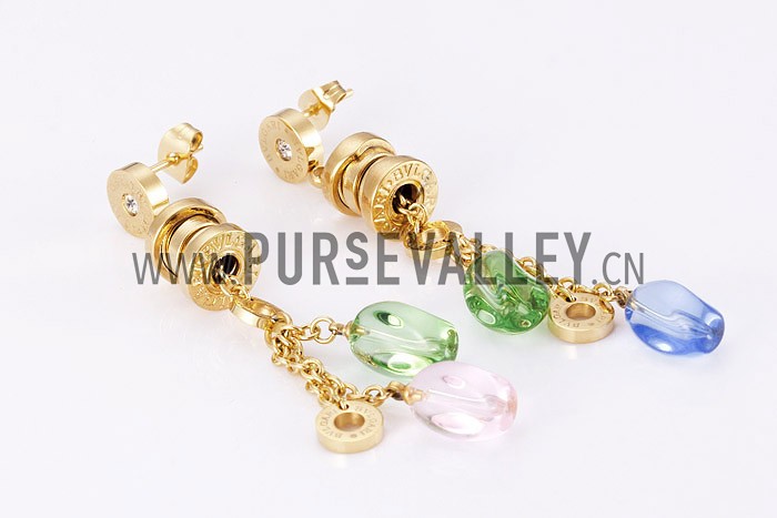 Bvlgari Replica Tri-Colored Clear Bead Engraved Yellow Gold Plated Hanging Earrings