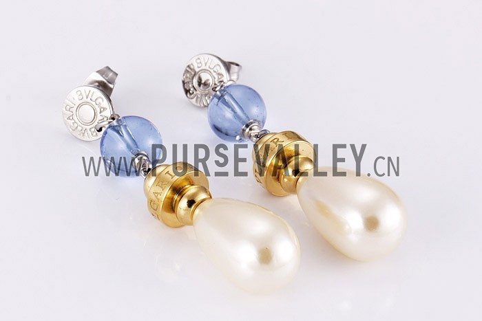 Bvlgari Replica Engraved Yellow Gold & Blue Bead Pearl Drop Hanging Earrings