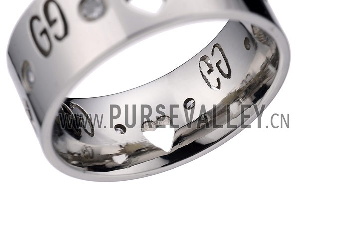 Gucci Replica Logo Engraved Crystal Stud Heart Cutwork Sterling Silver Ring