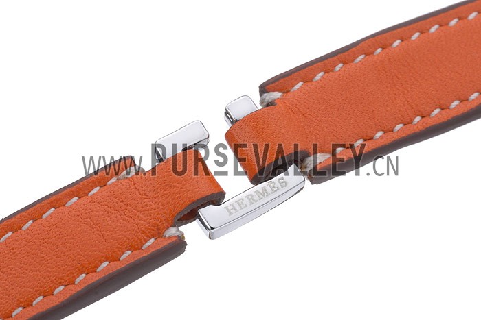Hermes Replica Silver Pyramid Accent Cadena Lock Slim Orange Leather Bracelet