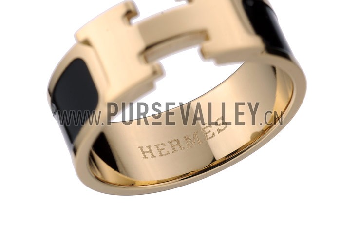Hermes Replica Black Ceramic Logo Cut Gold Ring