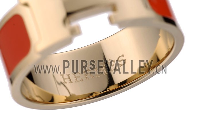 Hermes Replica Orange Ceramic Logo Cut Gold Ring