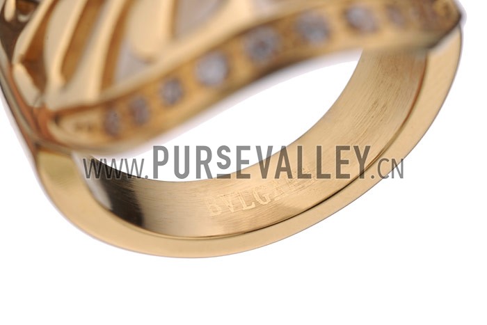 Bvlgari Replica Crystal Encrusted Mother Of Pearl Based Floral Carved Gold Ring