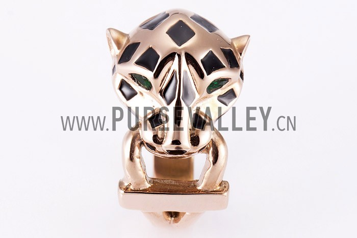 Cartier Replica Emerald-Eyed Leopard Head Enamel Marking Rose-Gold Ring
