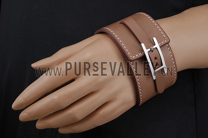 Hermes Hapi Wide Taupe Leather Silver Hardware Bracelet 700598