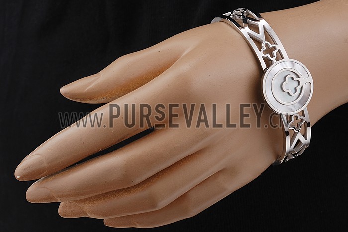 Van Cleef Alhambra Mother Of Pearl Clover Motif Silver Bangle Bracelet