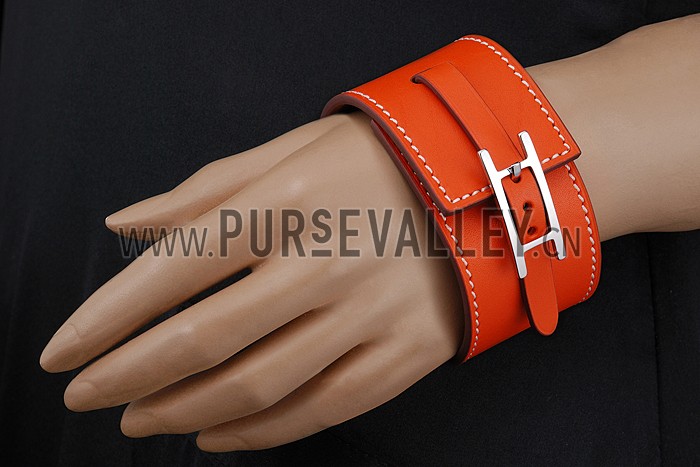 Hermes Hapi Wide Orange Leather Silver Hardware Bracelet 700596