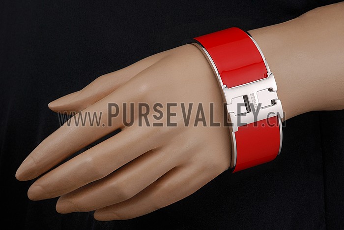 Hermes H Bracelet Red Enamel Silver Handware 700552