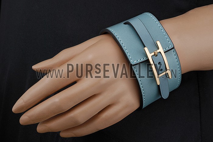Hermes Hapi Wide Blue Leather Gold Hardware Bracelet 700602