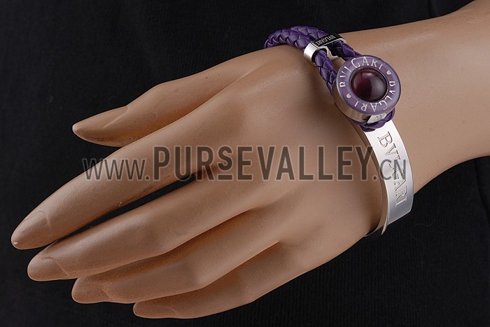 Bvlgari Silver And Purple Leather Bracelet