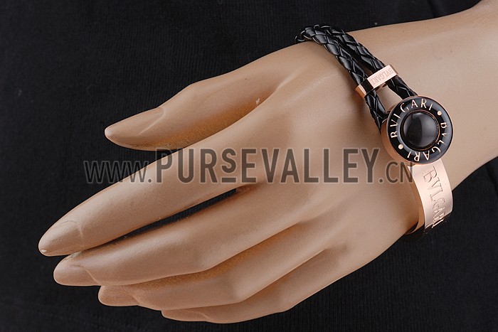 Bvlgari Rose Gold And Black Leather Bracelet