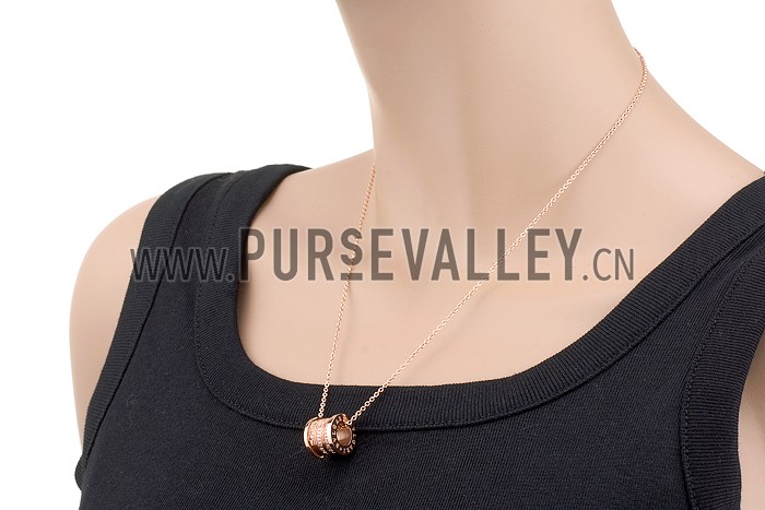 BVLGARI Inscribed White Crystal Stud Spool Pendant Rose Gold Plated Fine Chain Necklace