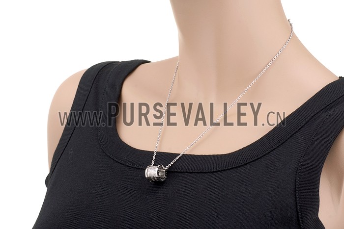 BVLGARI Inscribed White Crystal Stud Spool Pendant Sterling Silver Fine Chain Necklace