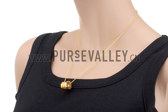 BVLGARI Inscribed White Crystal Stud Spool Pendant Yellow Gold Plated Fine Chain Necklace