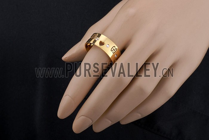 Gucci Replica Logo Engraved Crystal Stud Heart Cutwork Gold Ring