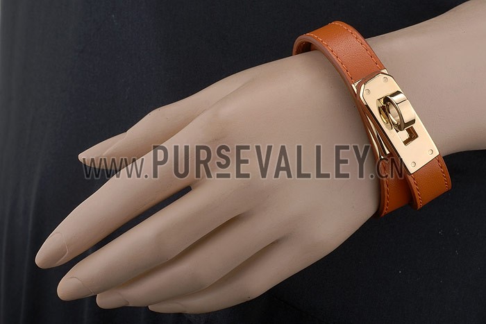 Hermes Replica Double Wrap Strap Brass Turnlock Closure Orange Leather Bracelet