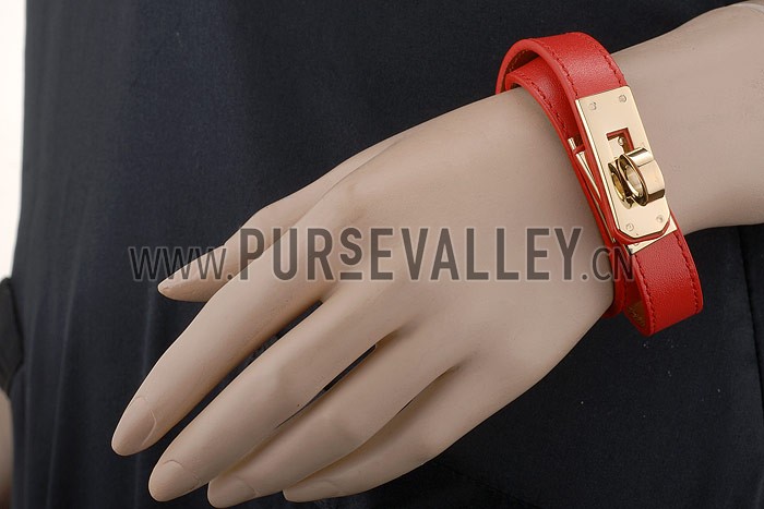 Hermes Replica Double Wrap Strap Brass Turnlock Closure Red Leather Bracelet