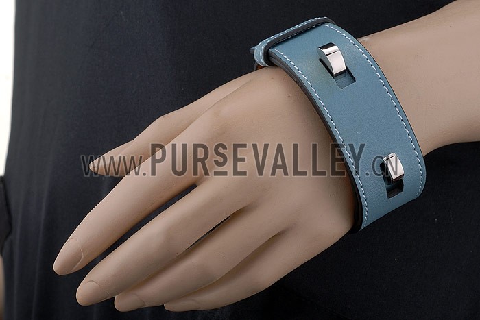 Hermes Replica Blue Cuff-Like Silver Hook Clasp Leather Bracelet