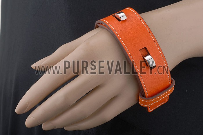 Hermes Replica Orange Cuff-Like Silver Hook Clasp Leather Bracelet