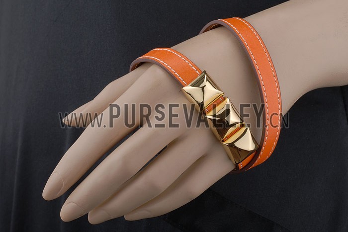 Hermes Replica Gold Pyramid Stud Accent Slim Orange Double Wrap Leather Bracelet