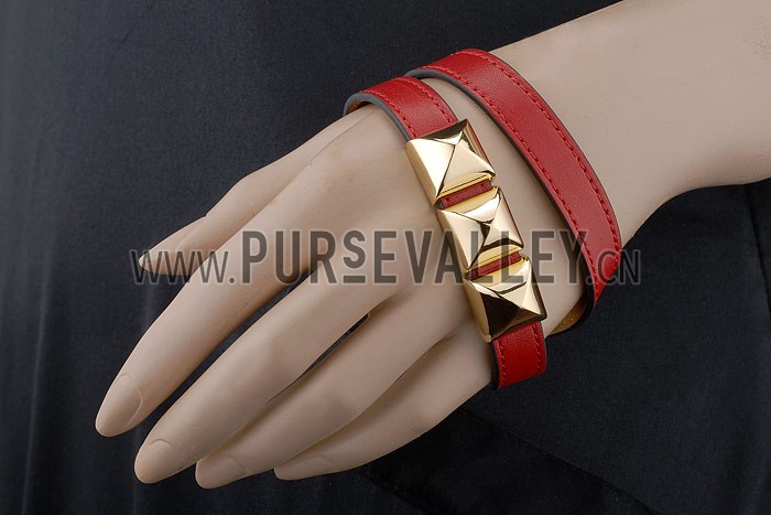 Hermes Replica Gold Pyramid Stud Accent Slim Red Double Wrap Leather Bracelet