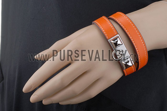 Hermes Replica Silver Pyramid Accent Cadena Lock Slim Orange Leather Bracelet