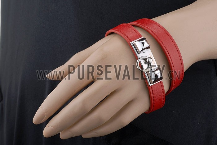 Hermes Replica Silver Pyramid Accent Cadena Lock Slim Red Leather Bracelet