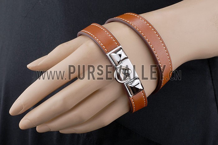 Hermes Replica Silver Pyramid Accent Cadena Lock Slim Tan Leather Bracelet