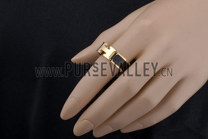 Hermes Replica Black Ceramic Logo Cut Gold Ring