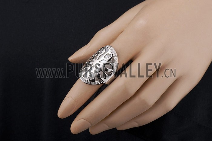 Bvlgari Replica Crystal Encrusted Mother Of Pearl Based Floral Carved Silver Ring