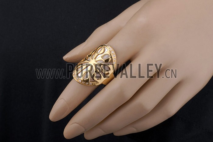 Bvlgari Replica Crystal Encrusted Mother Of Pearl Based Floral Carved Gold Ring