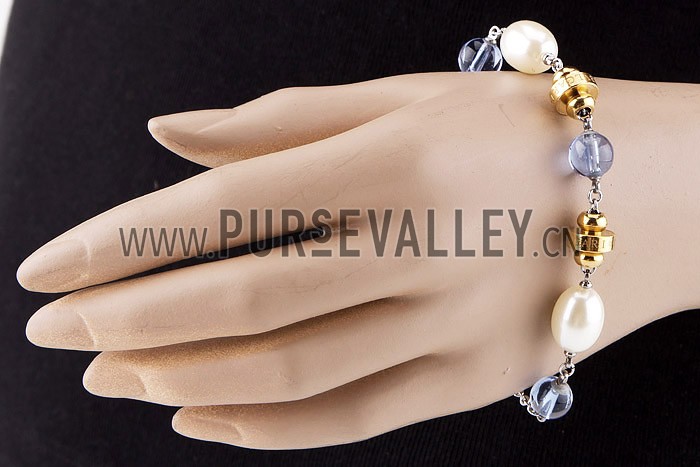 Bvlgari Replica Clear Blue, Pearl & Yellow Gold Bead Sterling Silver Link Bracelet