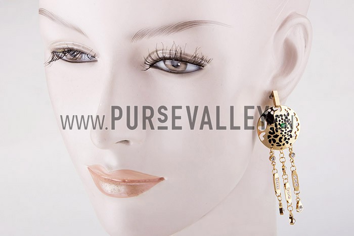 Cartier Replica Diamond Embellished Emerald-Eyed Cutwork Leopard Gold Hanging Earrings