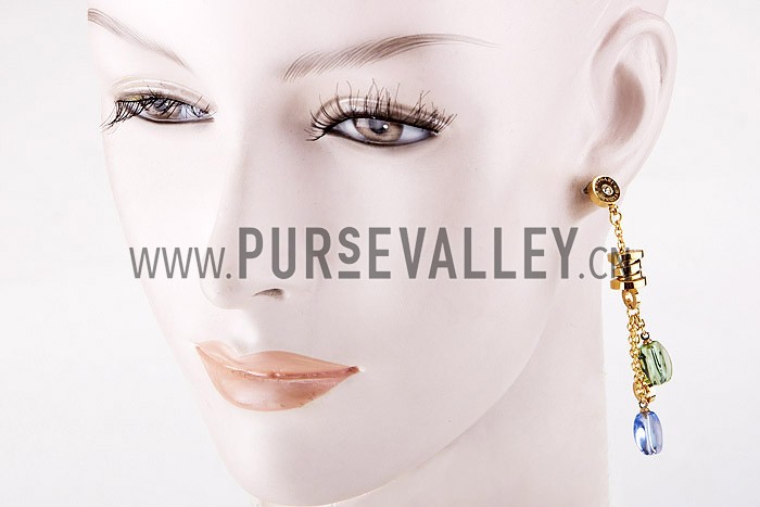 Bvlgari Replica Tri-Colored Clear Bead Engraved Yellow Gold Plated Hanging Earrings