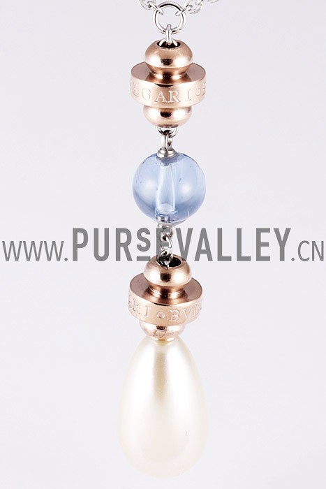 Bvlgari Replica Engraved Rose-Gold & Blue Bead Pearl Drop Sterling Silver Fine Chain Necklace