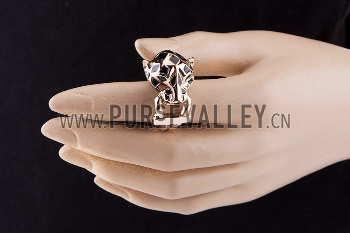 Cartier Replica Emerald-Eyed Leopard Head Enamel Marking Rose-Gold Ring