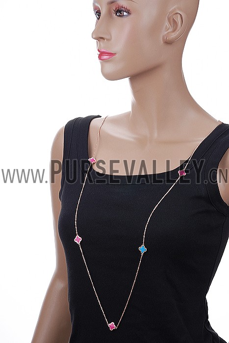 Van Cleef and Arpels Replica Pink & Blue Enamel Floral Charm Fine Chain Necklace