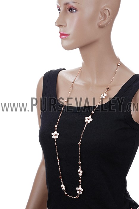 Van Cleef and Arpels Replica White Enamel Floral Charm & Silver Beads Heavy Chain Necklace