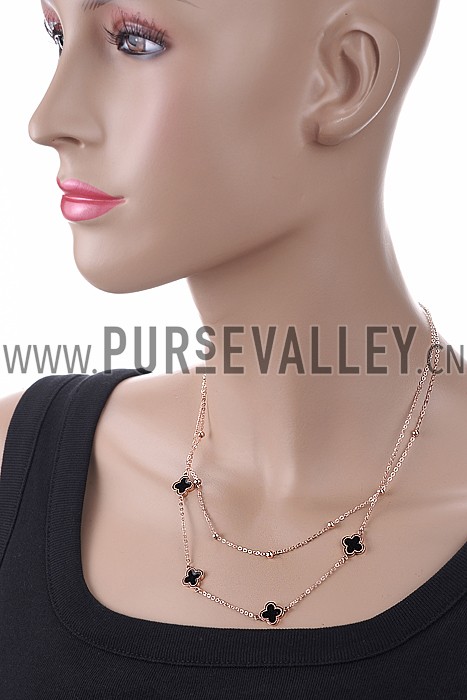 Van Cleef and Arpels Replica Black Enamel Floral Charm & Silver Beads Double Fine Chain Necklace