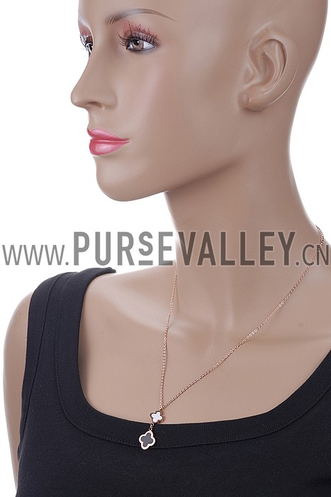 Van Cleef and Arpels Replica Black & White Enamel Long Floral Pendant Fine Chain Necklace