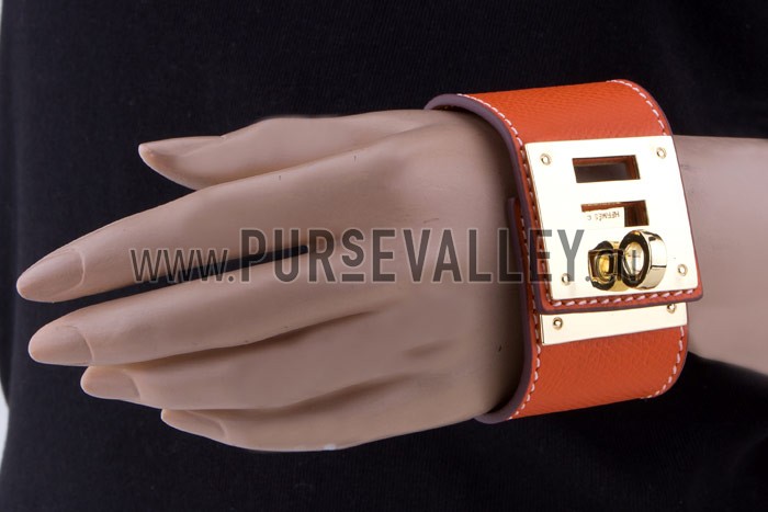 Hermes Replica Brass Turnlock Closure Wide Orange Leather Bracelet