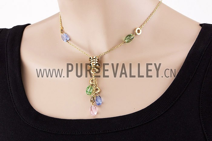 Bvlgari Replica Tri-Colored Bead Dangler Spool Pendant Gold Fine Chain Necklace