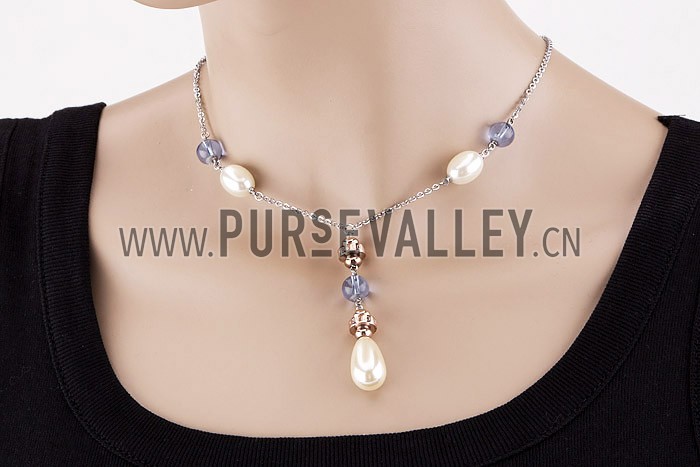 Bvlgari Replica Engraved Rose-Gold & Blue Bead Pearl Drop Sterling Silver Fine Chain Necklace