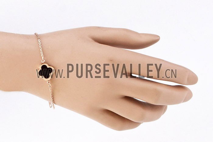 Van Cleef Replica Black Ceramic Centered Rose-Gold Rimmed Flower Charms Bracelet