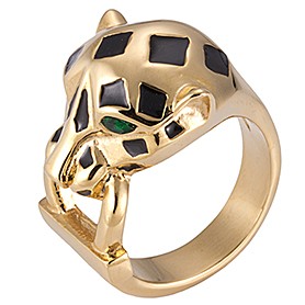 Cartier Replica Emerald-Eyed Leopard Head Enamel Marking Gold Ring