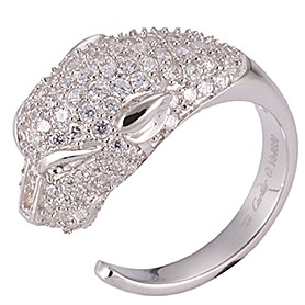Cartier Replica Diamond Encrusted Leopard Head Sterling Silver Ring