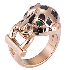 Cartier Replica Emerald-Eyed Leopard Head Enamel Marking Rose-Gold Ring
