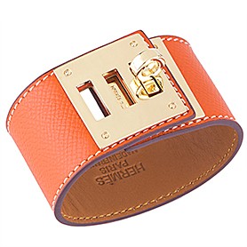 Hermes Replica Brass Turnlock Closure Wide Orange Leather Bracelet